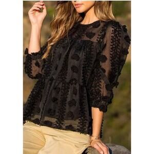Anthropologie THML Matapolo Black Sheer Pom Fringe Blouse Size Small Boho Chic